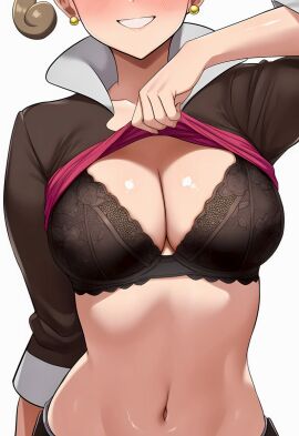 1girls ai_generated alexa_(pokemon) belly belly_button black_bra blush clothes_lift earings innie_belly_button lady_ai large_breasts light-skinned_female light_skin midriff navel pokemon pokemon_xy smile solo umbilicus
