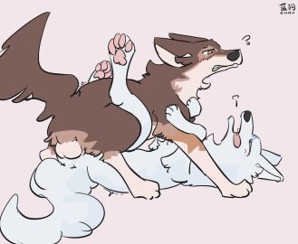 animal_genitalia animal_penis balls bodily_fluids brown_body brown_fur canid canine canis cum cum_inside domestic_dog duo ejaculation fan_character female feral feral_on_feral fur genital_fluids genitals happy happy_sex hi_res knotting male male/female mammal pawpads paws penis pinkcandyzhou pussy sex spread_legs spreading vulva white_body white_fur wolf