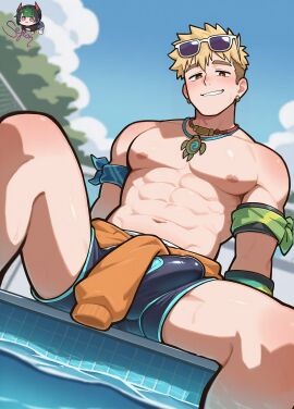 1boy abs ai_assisted ai_generated armband black_male_swimwear blizzard_entertainment blonde_hair blue_sky blush brown_eyes bulge clothes_around_waist clothing cloud day earrings erection erection_under_clothes eyewear_on_head jacket jacket_around_waist jewelry large_pectorals looking_at_viewer male male_focus male_swimwear muscle muscular muscular_male navel necklace nipples outdoors overwatch overwatch_2 pectorals pool poolside sefionnsfw self_upload short_hair signature sitting sky smile solo solo_focus spread_legs sunglasses swim_briefs topless_male undercut water wuyang