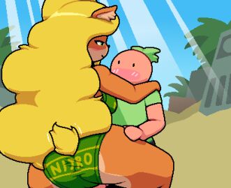 ass beach bedroom_eyes big_ass big_thighs blonde_hair blush crash_(series) crash_bandicoot_(series) female green_bikini holding huge_ass male nitro_crate_bikini palm_tree sand smaller_male smile sunbeam tawna_bandicoot tomato_(okami_tomato) zxtomatofan