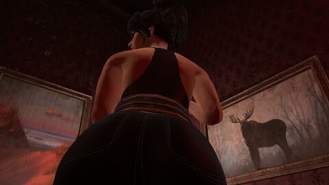 3d 3d_model ass backview big_ass big_breasts breasts facesitting fallout fallout_4 female glasses leather nora_(fallout_4) pov screenshot sideboob