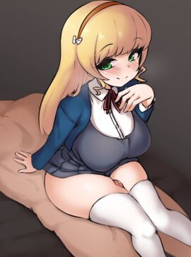 1boy 1girls blonde_hair blush bow breasts collared_shirt female green_eyes hairband hairbow heanna_sumire highres large_breasts light-skinned_female light-skinned_male light_skin long_hair love_live! love_live!_superstar!! male neck_ribbon pldf pldf_(wmad) pleated_skirt red_hairband red_ribbon ribbon school_uniform shirt skirt smile straight thigh_job thigh_sex thighhighs thighjob white_bow white_thighhighs yuigaoka_school_uniform