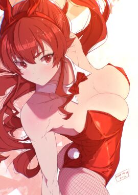 1girls aged_up alternate_breast_size armpits ass bare_arms bare_shoulders big_breasts blush breasts bunny_ears bunny_tail bunnysuit cleavage closed_mouth collarbone detached_collar eris_greyrat eris_greyrat_(adult) female female_only fishnets highleg highleg_leotard kiyo_(a_sam_ko) leotard long_hair mushoku_tensei red_bunnysuit red_eyes red_hair red_leotard solo strapless strapless_leotard thighs thong_leotard