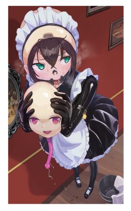 absurdres animegao bodysuit bondage bound cosplay dildo_gag dildo_mask drooling full_head_mask gag gagged gimp_mask gloves green_eyes highres imminent_masking kigurumi latex latex_bodysuit latex_gloves lock looking_to_the_side maid mask mouth_tube open_mouth original raftetram restrained ring_gag shoes sweat tube