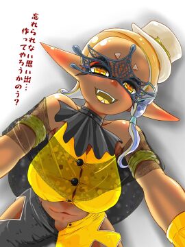 1girls breasts button_gap female frostyfest_outfit frye_(frostyfest) frye_(splatoon) hat large_breasts looking_at_viewer navel nintendo open_fly open_mouth splatfest splatoon splatoon_(series) splatoon_3 t2ukmyjm tentacle_hair top_hat translation_request yellow_eyes