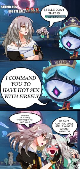 2girls a_mbretta background_characters blush boothill_(honkai:_star_rail) cirrus_(honkai:_star_rail) comic embarrassed female firefly_(honkai:_star_rail) fully_clothed funny honkai:_star_rail honkai_(series) humor lesbian meme_reference pretending_to_be_mind_controlled ruan_mei_(honkai:_star_rail) stelle_(honkai:_star_rail) tagme text yuri