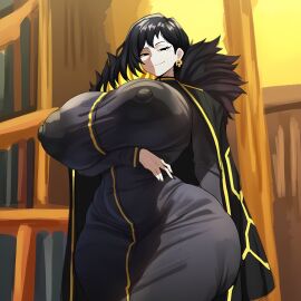 1girls ai_generated arm_under_breasts big_breasts binah binah_(project_moon) black_eyes black_hair book bookshelf breasts breasts_bigger_than_head child_bearing_hips cinderhee coat coat_on_shoulders dress earrings female female_only huge_breasts library_of_ruina mole mole_under_eye multicolored_hair nipple_bulge nipples pale-skinned_female project_moon smile smiling smirk solo solo_female tagme wide_hips yellow_hair