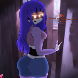ass ass_focus big_ass big_breasts breasts doll_(murder_drones) female female_only glitch_productions large_ass large_breasts long_hair looking_at_viewer murder_drones orange_eyes purple_hair robot robot_girl russian russian_text samkvevo talking_to_viewer white_body worker_drone