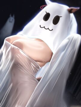 1girls :3 asdkd123 big_breasts breasts brown_hair cygames female female_only ghost_costume horse_ears horse_girl huge_breasts light-skinned_female light_skin meisho_doto_(umamusume) solo umamusume umamusume_pretty_derby