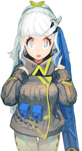 1girls amane_azuma blaster female game_cg game_freak giga_wrecker index_finger long_hair military_uniform orange_eyes white_hair