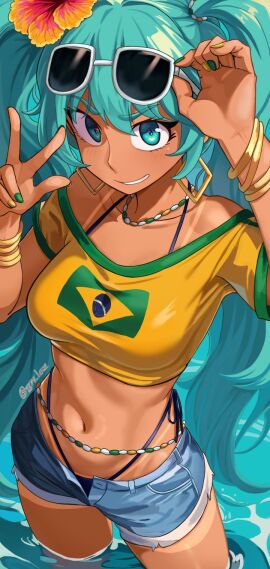1girls aqua_eyes aqua_hair bare_shoulders bra_strap bracelet brazil brazilian brazilian_female brazilian_flag brazilian_miku commentary crop_top dark_skin denim denim_shorts english_commentary eyewear_on_head female female_only flower green_nails grin hair_flower hair_ornament hands_up hatsune_miku highres jewelry laz_gm long_hair looking_at_viewer midriff nail_polish navel off-shoulder_shirt off_shoulder open_fly orange_flower shirt short_shorts short_sleeves shorts smile solo solo_female standing stomach sunglasses twintails very_long_hair vocaloid w wading water yellow_nails yellow_shirt