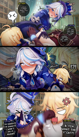 1boy 1girls 3d actuale aether_(genshin_impact) ass_on_face blonde_hair blue_eyes blush closed_eyes coat comic embarrassed english_text facesitting fart farting_in_face female funny furina_(genshin_impact) genshin_impact gloves hat male profanity shorts text_bubble tragic_fate white_hair wide_eyed