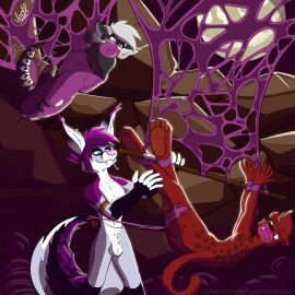 angry anthro arthropod_webbing balls blush bondage bound canid canine captured cave dragon felid feline fox genitals hi_res humanoid_genitalia hybrid jedader lair latex light male mammal moon moonlight mythological_creature mythological_scalie mythology night nude pantherine penis scalie sex slimmy suspension tail thigh_sex tied_balls true_fox web_bondage