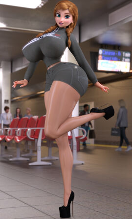 1girls 3d aged_up anna_(frozen) ass auburn_hair big_ass big_breasts bimbo_body bimbofied braided_hair braided_twintails breasts breasts_bigger_than_head busty clothing curvy disney disney_princess eyelashes female female_focus front_view frozen_(film) fully_clothed giant_breasts high_heels highres hourglass_figure huge_ass huge_breasts large_breasts legs looking_at_viewer midriff outfit pantyhose pink_lipstick pose princess public ruidx shiny shiny_skin shorts solo solo_focus standing standing_on_one_leg stiletto_heels tight_clothing