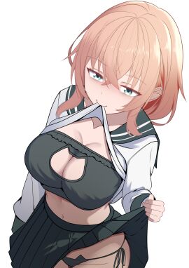 1girls absurdres aqua_eyes black_bra black_panties black_skirt blonde_hair blue_eyes bra breasts cat_bra cat_cutout cat_ear_panties cat_lingerie cleavage cleavage_cutout closed_mouth clothes_lift clothing_cutout collarbone commentary cowboy_shot english_commentary female green_bra green_panties green_sailor_collar green_skirt hair_between_eyes highres huge_breasts large_breasts lifting_own_clothes long_hair long_sleeves looking_ahead looking_at_viewer michinoku_komaro mouth_hold navel panties pleated_skirt sailor_collar school_uniform seitokai_ni_mo_ana_wa_aru! serafuku shirt shirt_in_mouth shirt_lift side-tie_panties simple_background skirt skirt_lift skirt_lifted_by_self smile solo stomach strawberry_blonde_hair string_panties underwear white_background white_shirt xueli_shimazaki