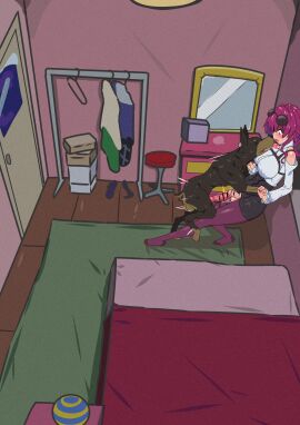 1boy 1futa animal_genitalia animal_penis bar_censor bed bedroom breasts canid canine canine_genitalia canine_penis canis censored censored_penis clothed clothed_futa clothed_sex clothing dog_penis domestic_dog erection female futanari honkai:_star_rail honkai_(series) huge_breasts huge_cock imminent_penetration imminent_sex intersex kafka_(honkai:_star_rail) knot knotted_penis male male/futa male_on_futa penis seiranaichi sunglasses sunglasses_on_head zoophilia