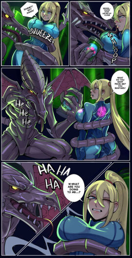 ass big_ass big_breasts blonde_hair body_swap body_switch bondage breasts comic curvy female kumergawa metroid metroid_(creature) ridley ridley_(metroid) samus_aran zero_suit zero_suit_samus