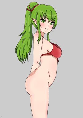 1girls alternate_costume arms_behind_back ass bangs bare_arms bare_midriff bare_thighs big_ass bikini bikini_top blush bottomless breasts female female_only fire_emblem fire_emblem_awakening fire_emblem_heroes green_eyes green_hair grey_background li9mo long_hair looking_at_viewer looking_to_the_side medium_breasts midriff nintendo official_alternate_costume pointy_ears ponytail red_bikini red_swimsuit sidelocks solo swimsuit thighs tiki_(fire_emblem) tiki_(fire_emblem)_(adult)