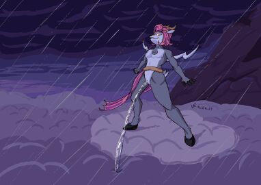 above_clouds absa animated anthro blush bodily_fluids bovid breasts caprine cloud electricity featureless_breasts female front_view genital_fluids genitals goat hair lightning mammal mostly_nude peeing peeing_outside pink_hair pussy raining rivals_of_aether short_playtime solo urine valrionwrites