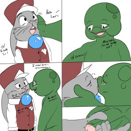 age_difference anthro balls balls_fondling blush bodily_fluids buckteeth dialogue duo erection eyewear fondling foreskin french_kissing genital_fluids genitals glasses handjob hi_res kissing lagomorph leaking_precum leporid male male/male mammal old older_male ooloo_(twerpishimp) open_mouth penile penis pip precum rabbit reptile scalie sex size_difference slightly_chubby teeth turtle twerpishimp uncircumcised
