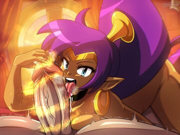 1boy 1girls female linkerlewds looking_at_viewer male naked_female oral penis penis_enlargement penis_licking shantae shantae_(character) wayforward