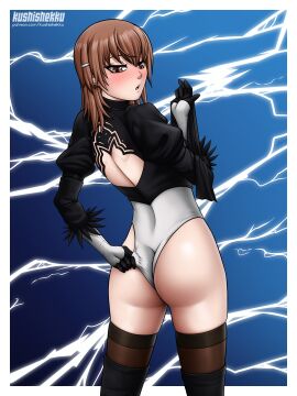 1girls 2024 2d 2d_(artwork) artist_name ass ass_focus back_cutout blush brown_eyes brown_hair clothed clothed_female clothes_in_ass cosplay electricity esper female female_only female_protagonist hairclip human human_female human_only kushishekku leotard light-skinned_female light_skin looking_at_self looking_back misaka_mikoto nier:_automata no_sex patreon powers questionable round_ass short_hair solo solo_female standing teenage_female teenager thighhighs to_aru_majutsu_no_index url white_border yorha_2b_(cosplay) young