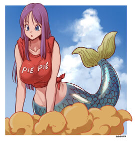 aosora big_breasts blue_eyes breasts cloud clound dragon_ball dragon_ball_z female fish_tail green_tail large_breasts long_hair merfolk mermaid mermaid_(dragon_ball) mermaid_girl mermaid_position mermaid_tail open_mouth pie_pie purple_hair red_shirt scales sky