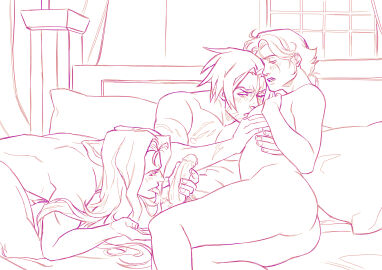 1girls 2boys alucard_(castlevania) ass breasts castlevania castlevania_(netflix) fellatio female konami line_art long-haired_male long_hair male monochrome multieleonora nipples nude nude_female nude_male oral penis pillow short-haired_female short_hair sypha_belnades tagme threesome tongue tongue_out trevor_belmont uncensored