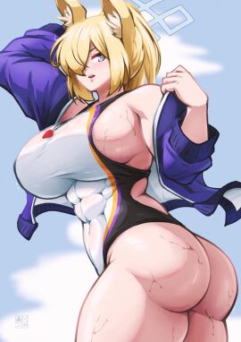 abs blonde_hair blue_archive breasts female kanna_(blue_archive) large_breasts muscular muscular_female roneesan swimwear