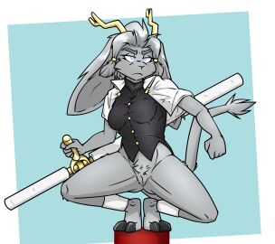 anthro antlers black_clothing black_shirt black_topwear black_vest blue_eyes bottomless bovid breasts caprine casual_exposure clothed clothing club_(weapon) digital_media_(artwork) dream_breaker_(pseudoregalia) female fur genitals goat grey_body grey_fur grey_hair hair hi_res horn jackalope lagomorph leporid long_ears mammal mantle melee_weapon nightstick pseudoregalia pussy rabbit ryofox630 shirt simple_background solo sybil_(pseudoregalia) tail topwear tuft vest vulva weapon