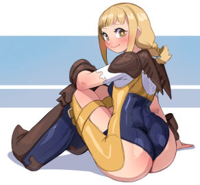 1girls ass ass_focus blonde_hair blush female female_only final_fantasy final_fantasy_xii full_body hi_res lightsource long_hair looking_at_viewer looking_back looking_back_at_viewer penelo rear_view short_hair simple_background sitting smile smiling smiling_at_viewer solo thick_ass tied_hair yellow_eyes
