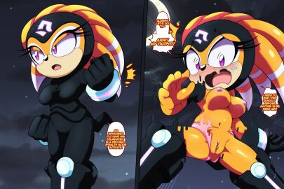 2021 anthro armor blush body_armor breasts clothing dialogue echidna euf-dreamer female genitals hi_res mammal monotreme presenting presenting_pussy pussy sega shade_the_echidna sky solo sonic_(series) sonic_chronicles:_the_dark_brotherhood sonic_the_hedgehog_(series) speech_bubble spread_legs spreading tail torn_clothing wardrobe_malfunction