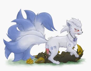 2019 absurd_res animal_genitalia animal_penis balls black_body black_fur black_sclera blue_body blue_fur blush bodily_fluids canid canine canine_genitalia canine_penis canis cjk_character crown digital_media_(artwork) duo erection fellatio female female_on_bottom female_penetrated freespirit59 fur generation_1_pokemon genital_fluids genitals gold_(l01270906) grey_body grey_fur headgear hi_res knot lying male male/female male_on_top male_penetrating male_penetrating_female mammal multi_tail musical_instrument nathaniel_vinkolt ninetales nintendo no_humans ocarina on_bottom on_top open_mouth oral oral_penetration penetration penile penile_penetration penis penis_in_mouth pokemon pokemon_(species) questionable_consent red_eyes sex shiny_ninetales shiny_pokemon simple_background size_difference tail wind_instrument wolf