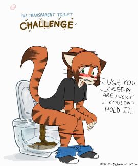 accessory anthro ass blush bottomwear bottomwear_down breasts clothed clothing denim denim_bottomwear denim_clothing digital_media_(artwork) embarrassed english_text feces felid female fur green_eyes grimace hair hair_accessory hairband hi_res jeans mammal martha_(notmypornaccount) notmypornaccount orange_body orange_fur pantherine panties panties_down pants pants_down partially_clothed ponytail scat shirt simple_background sitting solo striped_body stripes t-shirt tail text tiger toilet toilet_use topwear translucent transparent_object underwear underwear_down white_body white_fur