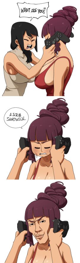2girls asian_female bangs beehive_hairdo black_hair blunt_bangs breasts cleavage clothing comic command_grab command_grab's_mom crying english_language english_text extremely_high_resolution female high_resolution humor idiot_sandwich large_breasts large_filesize long_image male meme meme_face multiple_females multiple_girls nuclearwasabi open_mouth phone playstation_controller purple_hair sideboob simple_background speech_bubble tall_image tank_top text tied_hair very_high_resolution white_background