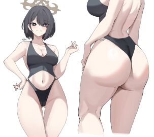 absurdres ass back blue_archive blush breasts cleavage commentary_request female gluteal_fold halo highres hiromi_(blue_archive) kurochomo medium_breasts multiple_views short_hair smile solo