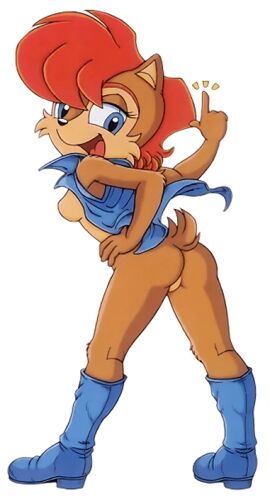 1girls archie_comics ass blue_eyes boots bottomless brown_fur chipmunk featureless_crotch female female_focus flat_ass furry furry_bomb furry_bomb_factory gesture ground_squirrel jacket karate_akabon looking_at_viewer mitsuharu_takura perineum pointing presenting red_hair sally_acorn scut_tail sega short_tail solo sonic_(series) sonic_satam sonic_the_hedgehog_(archie) sonic_the_hedgehog_(comics) squirrel straight_hair tagme tail
