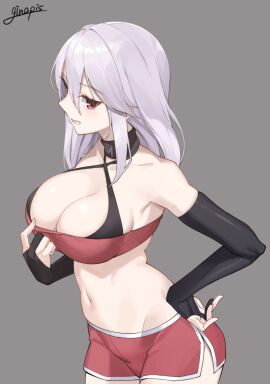 absurdres armpits bandeau bare_shoulders black_bra black_choker black_gloves bra breasts choker cleavage cleavage_reach collarbone commission cowboy_shot criss-cross_halter crop_top dolphin_shorts elbow_gloves female ginopi gloves grey_background grin groin hair_between_eyes halterneck hand_on_own_hip highres indie_virtual_youtuber large_breasts long_hair looking_at_viewer midriff mizuz navel partially_fingerless_gloves pixiv_commission red_eyes red_shorts short_shorts shorts side_slit sidelocks simple_background skindentation smile solo standing stomach underwear virtual_youtuber white_hair