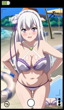 1girls armpits beach belly blush breasts breasts_focus camera_phone camera_view cleavage elf elf_ears elf_female elf_girl emilia_(re:zero) female half_naked hands_on_hips hips indexryo looking_at_viewer partially_clothed photo purple_eyes re:zero_kara_hajimeru_isekai_seikatsu silver_hair solo standing swimsuit thighs
