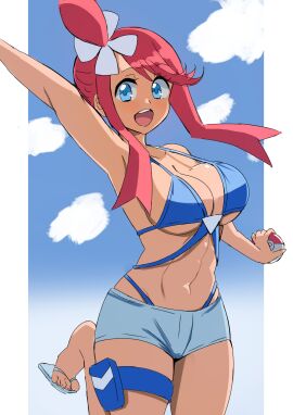 1girls :d abs absurdres arm_up armpits big_breasts bikini bikini_under_shorts blue_footwear blue_shirt blue_sky blush breasts cleavage cloud commentary_request creatures_(company) ereka female flip-flops game_freak highleg highleg_bikini highres holding holding_poke_ball leg_up multi-strapped_bikini_top navel nintendo open_mouth open_toe_footwear open_toe_shoes pillarboxed poke_ball poke_ball_(basic) pokemon pokemon_bw red_hair sandals shirt short_hair_with_long_locks side_ponytail sky skyla_(pokemon) smile solo stomach swimsuit teeth thigh_strap upper_teeth