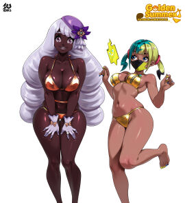 2girls absurdres aqua_hair bikini blonde_hair blue_eyes breasts canari_(pokemon) canary_(pokemon) cleavage curvy dark-skinned_female dark_skin double_chocolate female gen_4_pokemon gloves gold_bikini hat_ornament highres jacinthe_(pokemon) kyoffie large_breasts looking_at_viewer mask medium_breasts mouth_mask multicolored_hair multiple_females multiple_girls nail_polish navel nintendo parted_lips pokemon pokemon_legends:_z-a purple_eyes purple_hair rotom rotom_phone simple_background skindentation split-color_hair stomach swimsuit thigh_gap thighs toenail_polish toenails twintails very_dark_skin white_background white_gloves white_hair yukari_(pokemon)