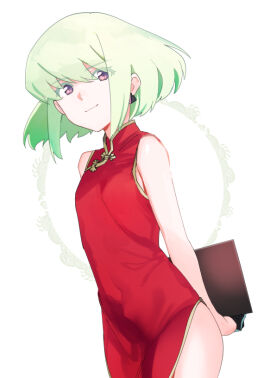 1boy bob_cut china_dress chinese_clothes crossdressing dress femboy femboy_only lio_fotia looking_at_viewer male petite petite_body petite_male promare short_hair slim slim_male slim_waist solo tight_clothing twink