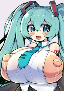 areola_slip breasts breasts_out chibi_style clothing cyan_eyes cyan_hair exposed_breasts female hatsune_miku huge_areolae huge_breasts huge_nipples lactating nekoyuu nipple_slip open_mouth puffy_nipples simple_background tie twintails vocaloid voluptuous