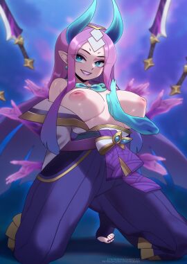 big_breasts big_nipples big_thighs blue_eyes breasts feet female horn irelia_xan league_of_legends light-skinned_female light_skin lipstick looking_at_viewer naked naked_female nipples nude purple_hair spirit_blossom_irelia spirit_blossom_series strongbana thick_thighs thighs
