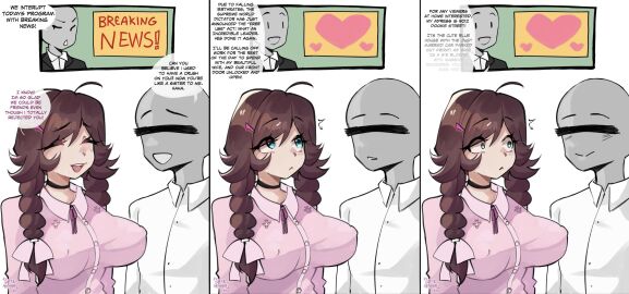 1boy 1girls 2024 ahoge alarmed artist_name big_breasts braid breasts brown_hair closed_eyes closed_eyes_smile dialogue english english_text female female_focus free_use free_use_law ghoulmommie grey_body imminent_sex light_skin low_res male news_reporter nipples_visible_through_clothing open_mouth original original_character