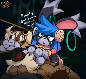 4_toes anthro atlyss biped blue_hair blush breasts clothed clothing dialogue digital_media_(artwork) duo ear_piercing ear_ring electricsnowfox erection feet female fingers foot_fetish foot_on_face foot_play fur genitals green_eyes hair handjob hi_res humanoid_feet lagomorph leporid made_in_abyss male male/female mammal narehate nude open_mouth penile penis piercing plantigrade poon_(atlyss) rabbit ring_piercing sex teeth text toes unknown_scientist_(character) vivian_(atlyss)