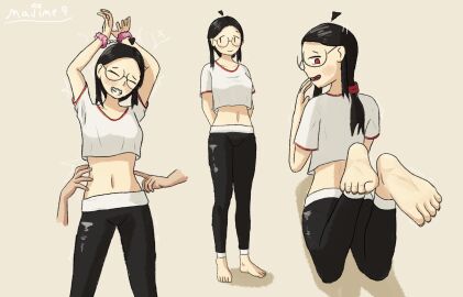 asian asian_female barefoot black_hair black_legwear blush breasts circular_glasses clenched_teeth crop_top disembodied_hand disembodied_hands feet feet_focus feet_together feet_up female foot_fetish foot_focus forehead glasses majime_98899 medium_breasts midriff midriff_baring_shirt midriff_showing navel navel_line nervous nervous_smile original original_character ponytail red_eyes simple_background simple_coloring simple_eyes simple_shading smile smiling t-shirt tickling tickling_belly tummy white_shirt