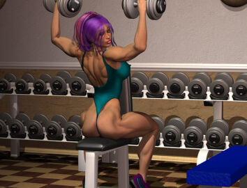3d basement_wrestling_league entropy entropy_(artist) gym lifting_weights one-piece_swimsuit purple_hair