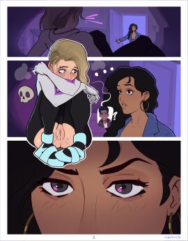 blonde_hair comic_page dark-skinned_female dark_skin eyebrow_piercing female female_focus female_only gwen_stacy gwen_stacy_(spider-verse) hornyx light-skinned_female light_skin marvel marvel_comics page_2 page_number pale-skinned_female pale_skin pink_hair pussy rio_morales rio_morales_(spider-verse) ripped_clothing ripped_pants short_hair spider-gwen spider-man spider-man:_across_the_spider-verse spider-man:_into_the_spider-verse spider-man_(series) two-tone_hair