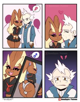 absurd_res anthro ass big_butt black_clothing bodily_fluids bottomwear brown_body bulge cellphone clothed clothing duo electronics eyelashes femboy fingers generation_4_pokemon glistening glistening_body hair hi_res holding_cellphone holding_object holding_phone human human_on_anthro interspecies kissing_cheek lagomorph leporid lopunny male male/male mammal nintendo open_mouth panties phone pokemon pokemon_(species) pupils rabbit renaspyro shirt skirt smile tears topwear underwear white_hair